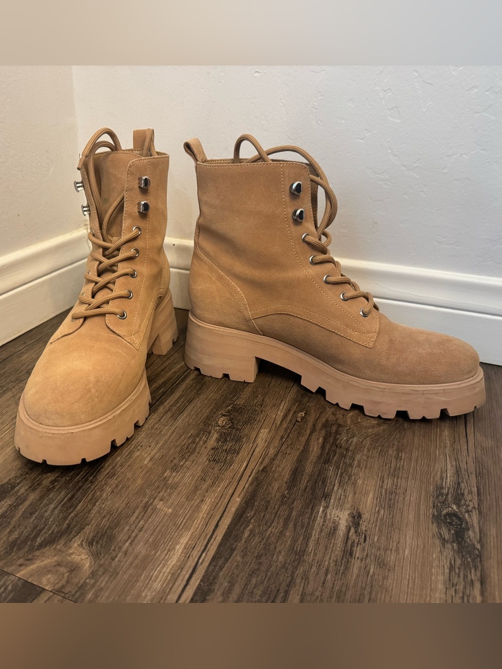 Charles David Tan Suede Lug Sole Lace-Up Combat Boots